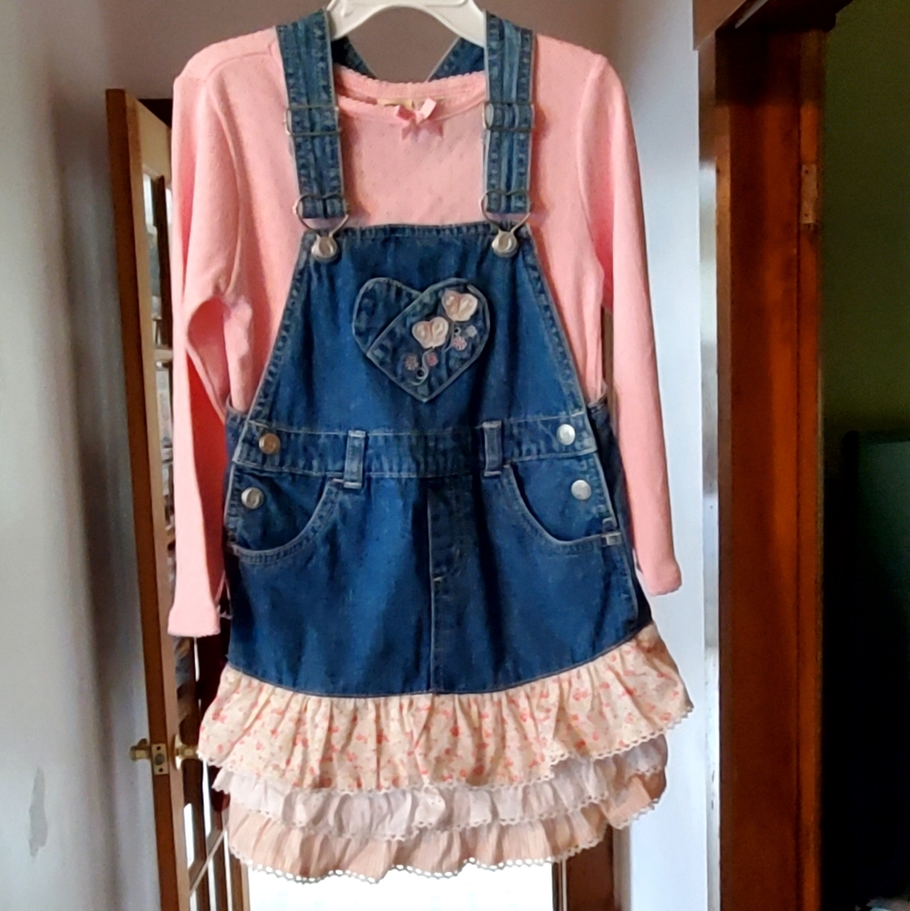 Butterfly & Heart Denim Dress with Floral Ruffles and shirt Girls size 4T NWT